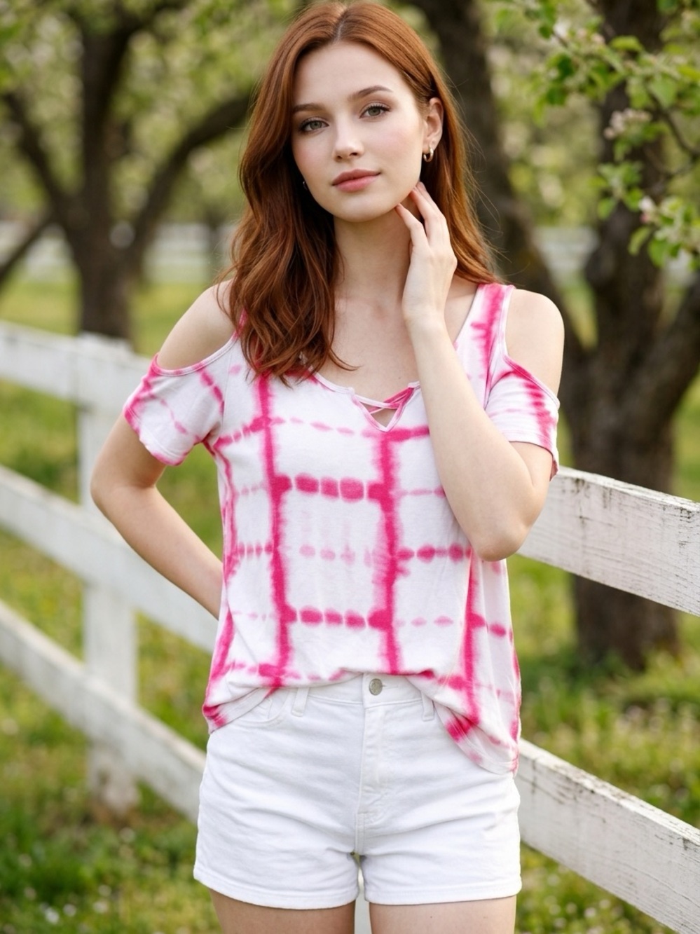 Banana Republic Pink & White Tie-Dye Cold-Shoulder Crop Top